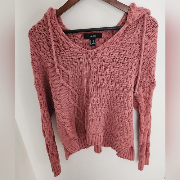 Forever 21 pink hooded knit sweater v neck size small - Picture 2 of 4